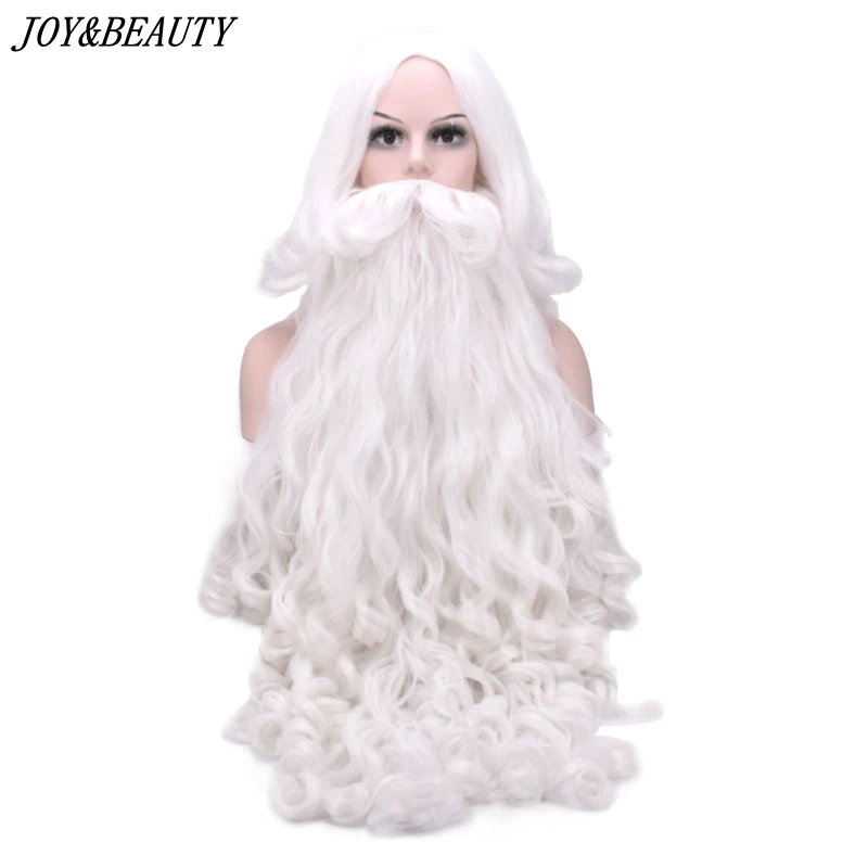 Meilleur JOY   BEAUTY Santa Claus longue perruque ondulée blanc Santa Claus barbe ensemble fantaisie haute température Fiber Cosplay perruque