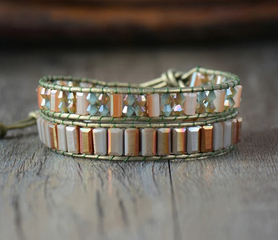 Boho Cuir Bracelets pierres naturelles cristal 2 brins Wrap Bracelets fait main