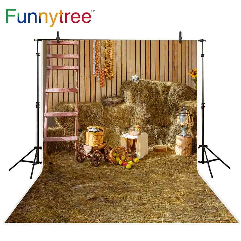 Фон Funnytree для фотостудии склад стог сена Осенняя ферма лестница фрукты фон