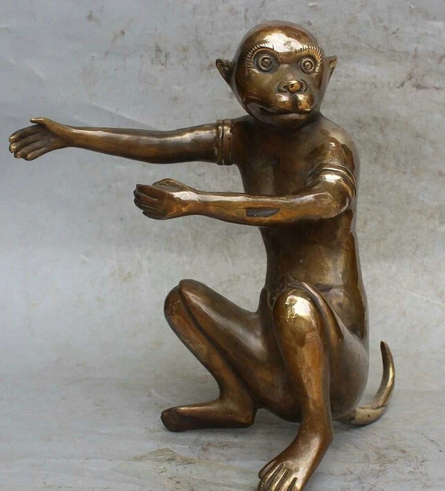 

12"Chinese folk copper seat Fengshui Zodiac Year monkey animal staure sculpture
