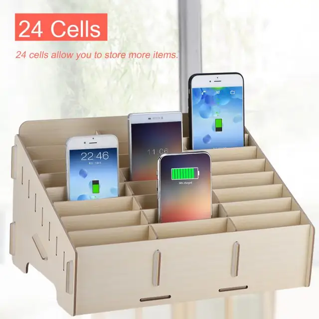 24 Slots Wooden mobile phone management storage box desktop office