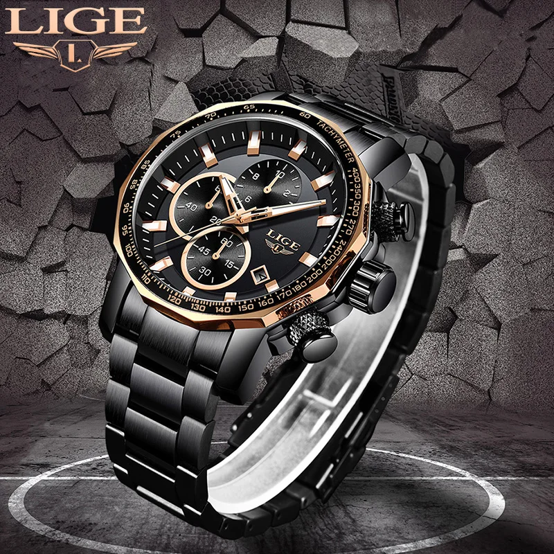 

LIGE New Mens Watches Top Brand Luxury Full Steel Sport Chronograph Quartz Clock Waterproof Big Dial Watch Men Relogio Masculino