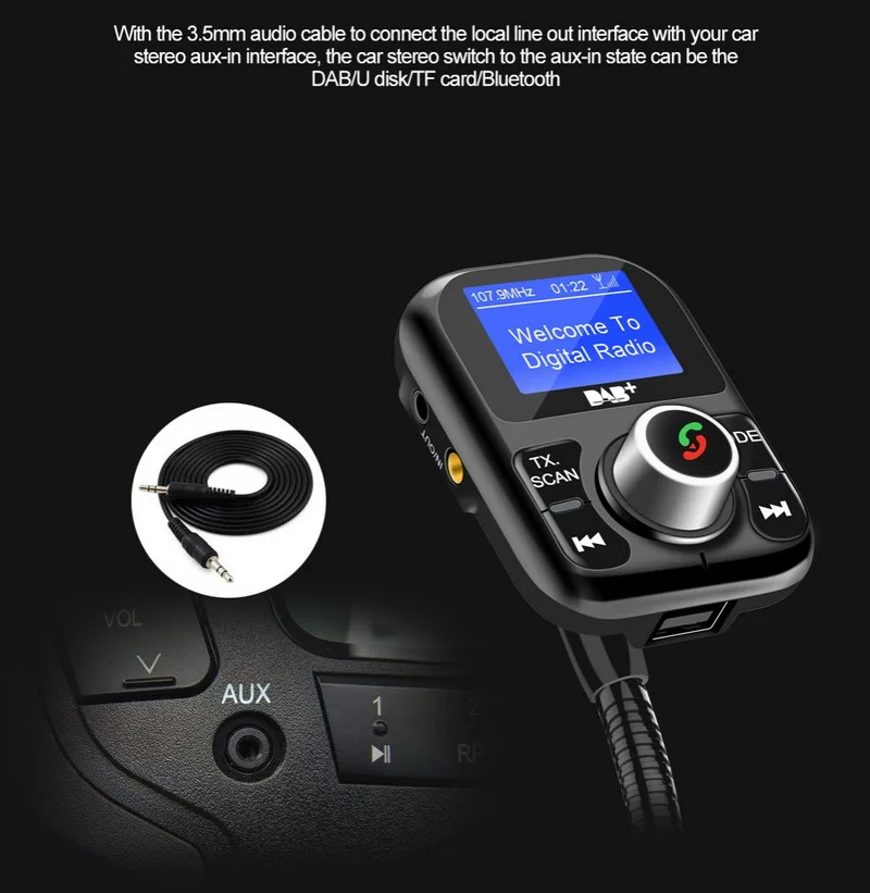 ЖК-дисплей Дисплей MP3 плеер антенны зарядки Порты Bluetooth автомобильный набор, свободные руки, FM передатчик Hands free TF USB цифровой DAB/DAB+ приемник