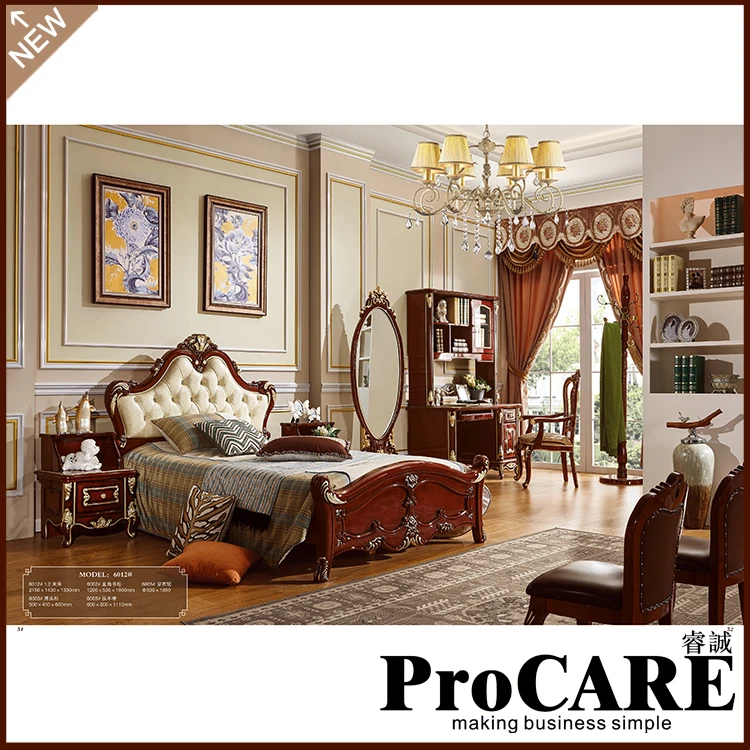 Купить роскошная классическая массивная деревянная Античный стиль комплект для гостиной мебель king size закругленная кожаная кровать