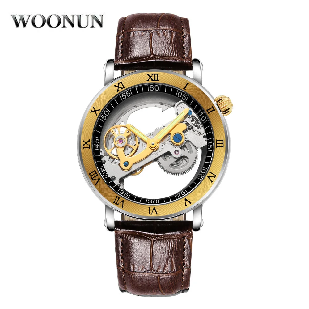 luxury mechanical watch cheap Luxury Brand WOONUN Leather Strap Transparent Dial Golden Case Mens Watches Automatic Mechanical Orologio Men mechanical watch movement