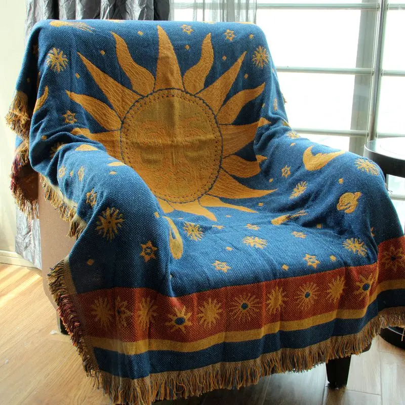 Mediterranean Style Sun Pattern Knitted Cotton Thread Blanket Sofa