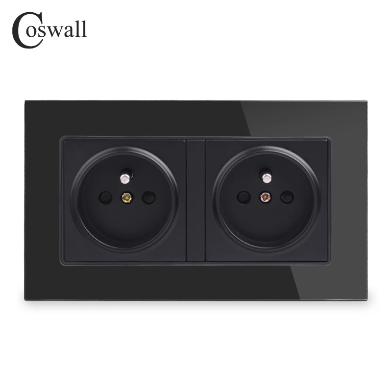 Coswall черная 16А двойная французская настенная розетка, Хрустальная стеклянная панель, розетка с заземлением 146 мм* 86 мм