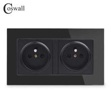 Coswall черная 16А двойная французская настенная розетка, Хрустальная стеклянная панель, розетка с заземлением 146 мм* 86 мм