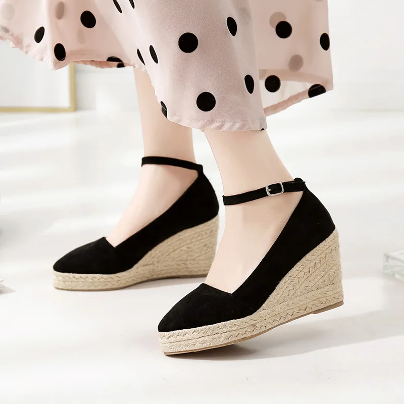 

2019 autumn new comfortable simple spring slope with women's shoes suede comfortable pointed hemp rope woven casual high heels.