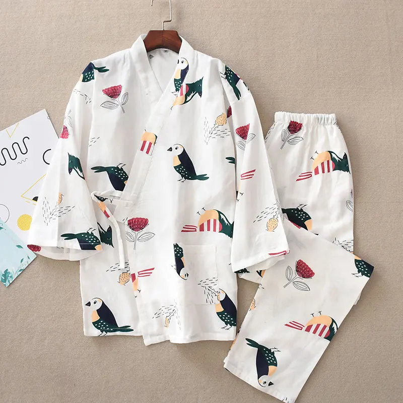 Пижамы для женщин, кимоно, хлопковые пижамы для женщин, японская ночная рубашка, домашняя одежда с v-образным вырезом, длинные штаны, пижама для женщин - Цвет: Birds Prints White
