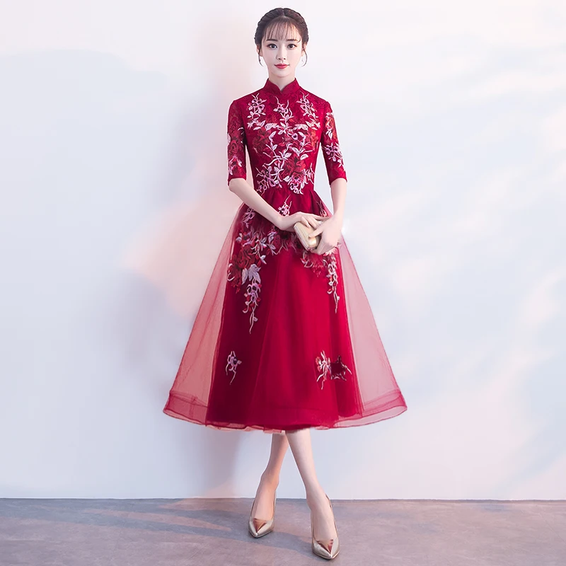 Высокая Низкая Cheongsam Coctail платье миди элегантные китайские платья Цветочная вышивка Vestido Fiesta коктейльное платье Выпускной TS663