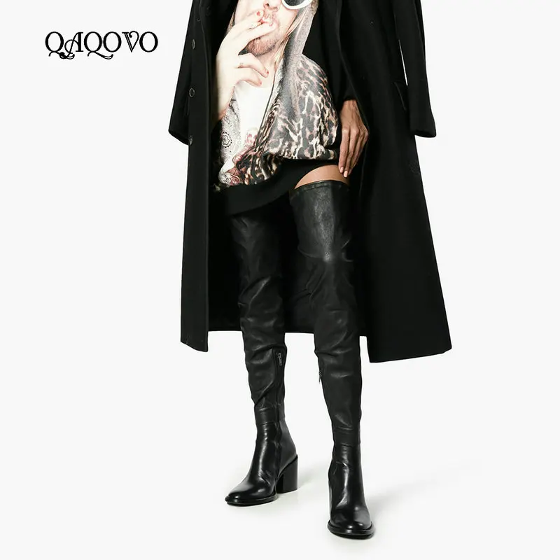 

Women Shoes Sexy Over The Knee Boots Cow Leather Square High Heel Thigh Boots Zipper Boots Autumn Winter Fashion Shoes