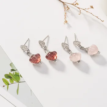 

Real Sterling Silver 925 Earrings Natural Rose Quartz Cute Heart Shape Dangling Earrings For Women Korean Fashion Jewelry