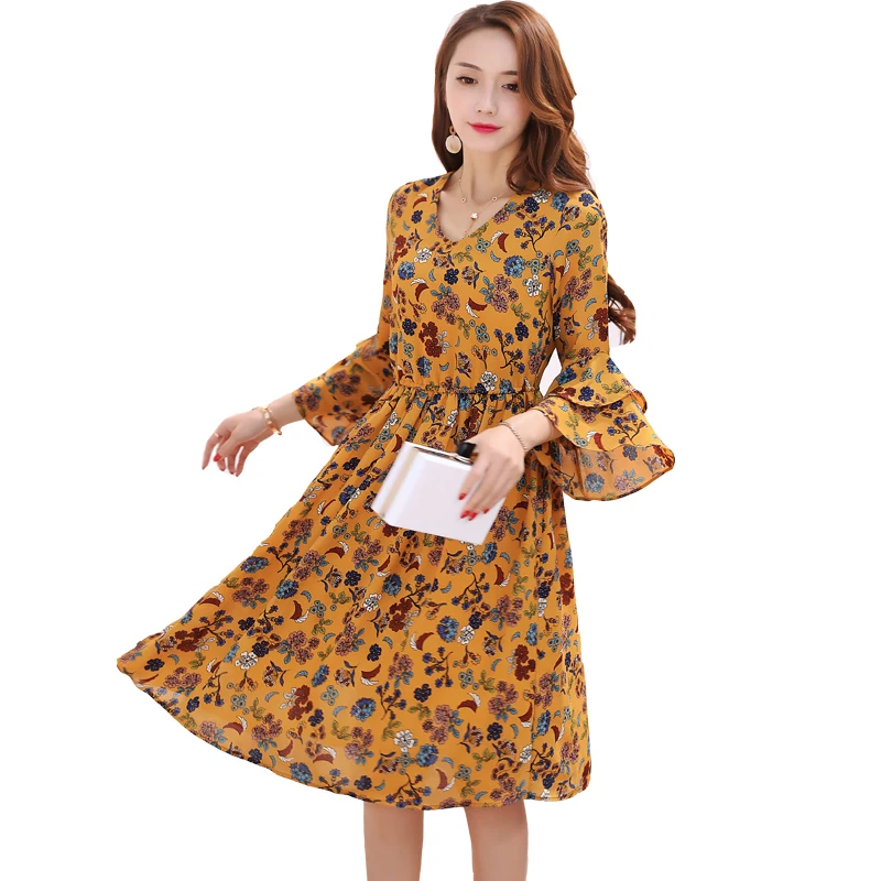 Spring Summer Floral Dress Elegant Chiffon Woman Ruffle Sleeve Yellow