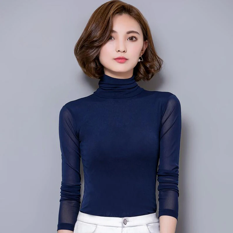 Новая весенняя Высококачественная рубашка с кружевным низом, Элегантная модная футболка с длинными рукавами и высоким воротником, Сексуальная кружевная футболка LY752 - Цвет: Тёмно-синий