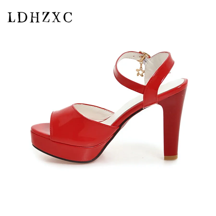 

LDHZXC 2018 Women Sandal High Heel Platform Women Shoes Slingback Peep Toe PU Leather Ladies Wedding Shoes Size 34-43