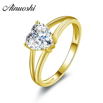

AINUOSHI 14K Solid Yellow Gold Solitaire Ring Classic 1.6 ct Heart SONA Diamond Double Layer Band Women Wedding Engagement Rings