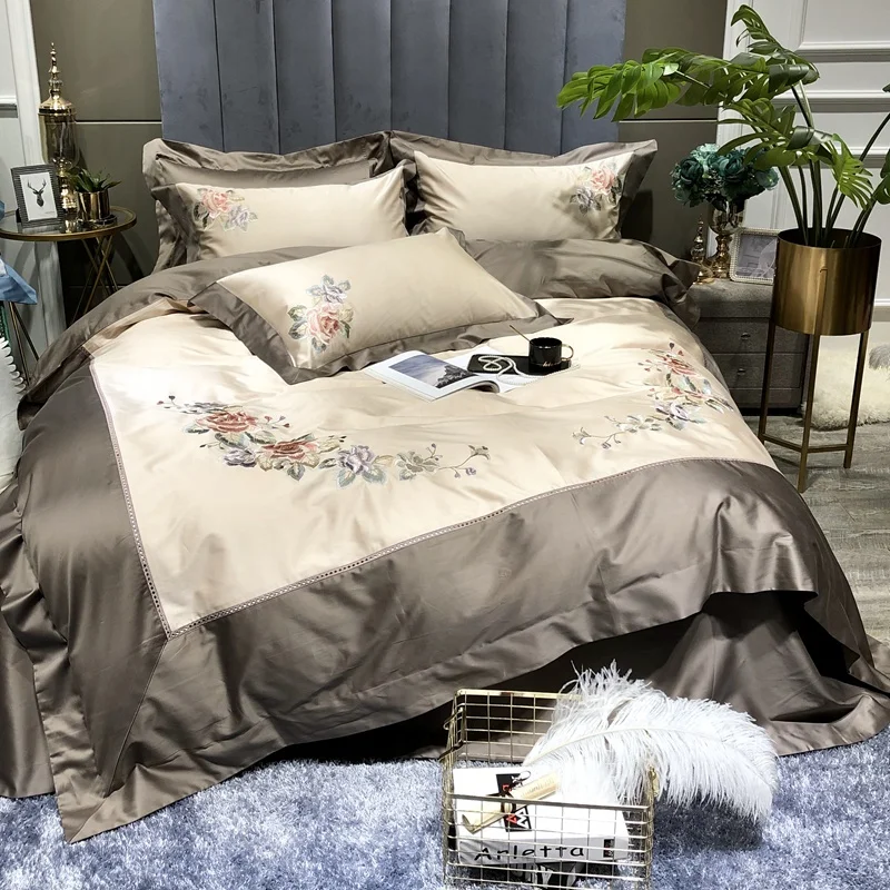 

Flowers Embroidery Egyptian Cotton Duvet Cover 1000TC Long Staple Silky Bed sheet set 4Pcs Queen King size Luxury Bedding Sets