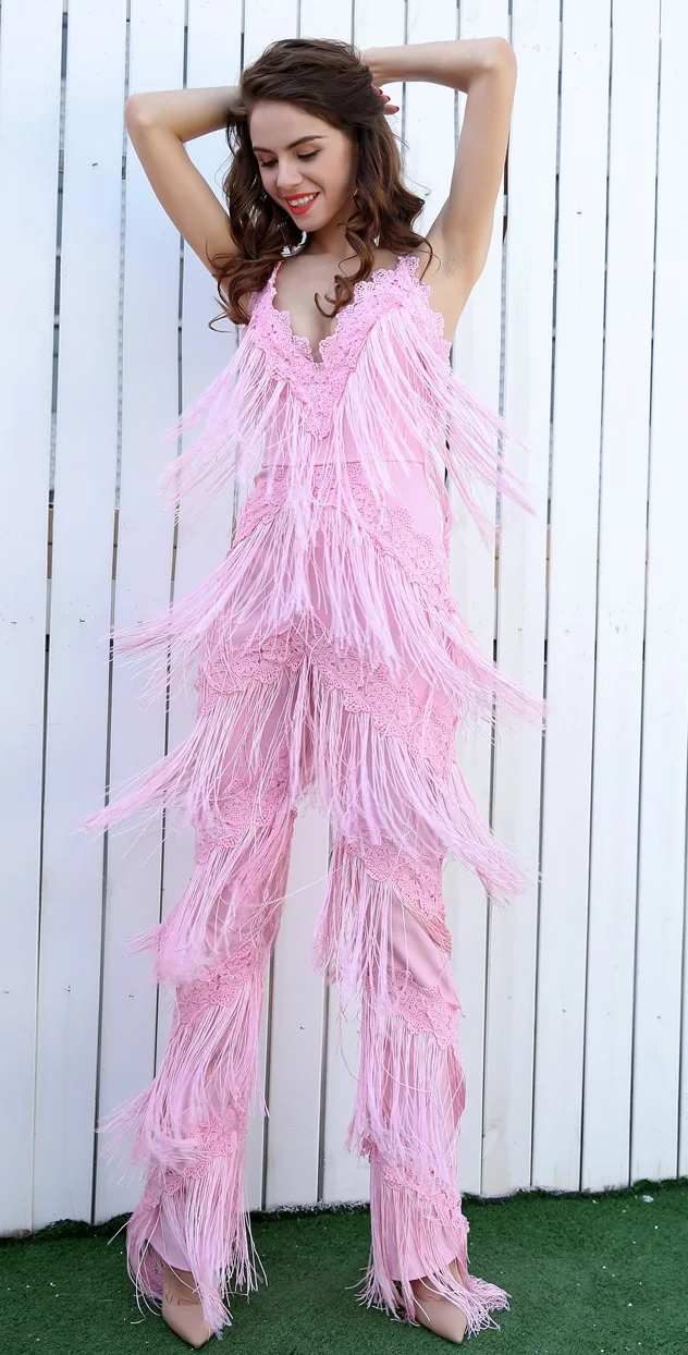 pink fringe jumpsuit
