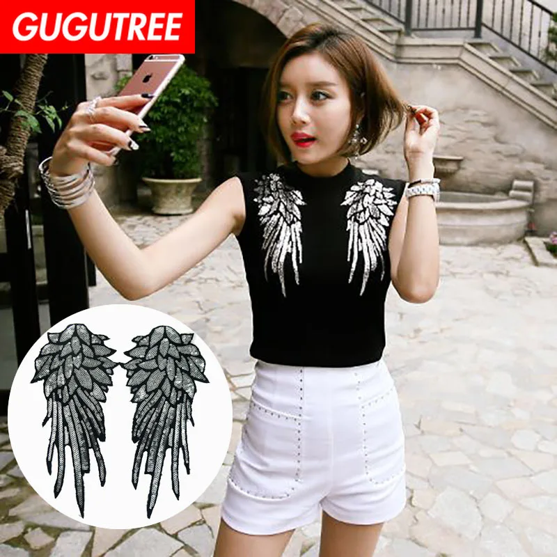 

GUGUTREE embroidery Sequins big wings patches feather patches badges applique patches for clothing XC-4