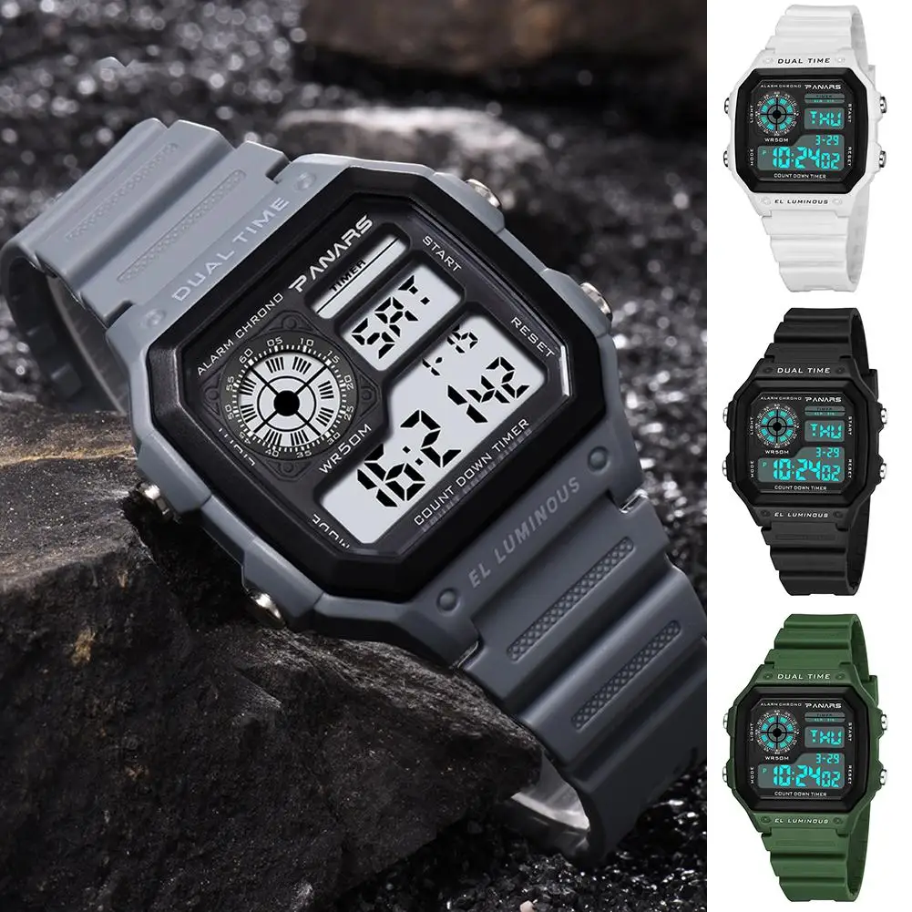 

Fashion Multiuse Waterproof Square Dial Luminous Dual Time Alarm Sports Men Digital Wrist Watch