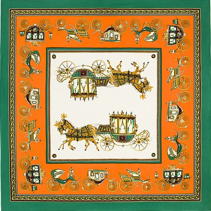 

130*130 100% Twill Silk Euro Royal Household Horse Carriage Trip Women Square Scarf Spring Female Scarves Shawl Foulard Femme