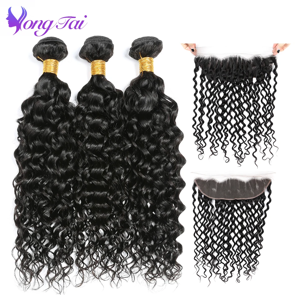 

YuYongtai Hair Brazilian Water Wave 3 Bundles With Lace Closure NonRemy Human Hair Weave 13x4 Lace Frontal With Bundles