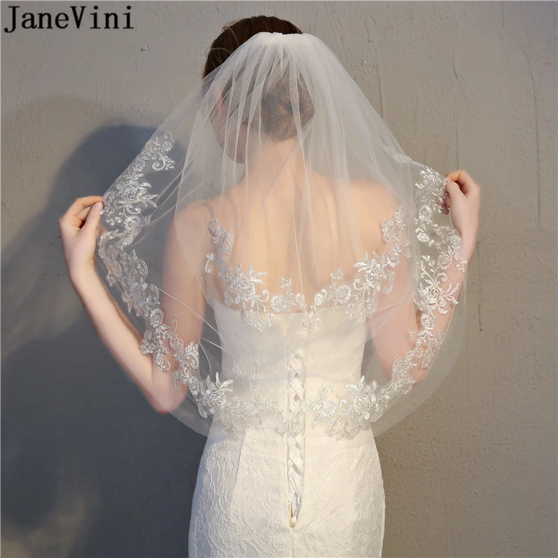 

JaneVini Elegant Ivory Short Veil for Bride Two Layer Lace Appliques Edge Elbow Length Bridal Veil with Comb Wedding Accessories