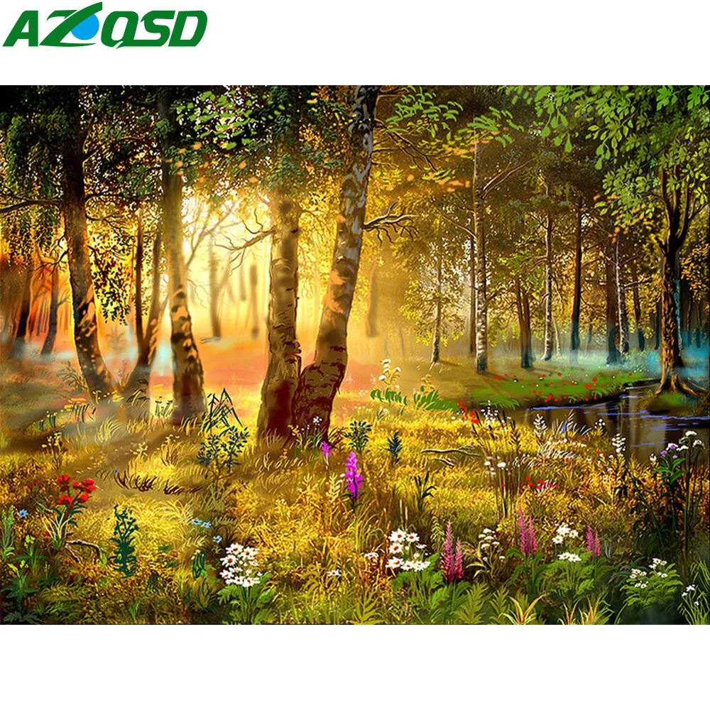 

AZQSD Diamond Painting Tree Scenery Cross Stitch Needlework DIY Diamond Embroidery Full Set Forest Landscape Home Decor Gift