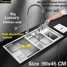 Стандартная Роскошная большая кухонная ручная раковина с двумя канавками из нержавеющей стали, горячая Распродажа 90x45 см