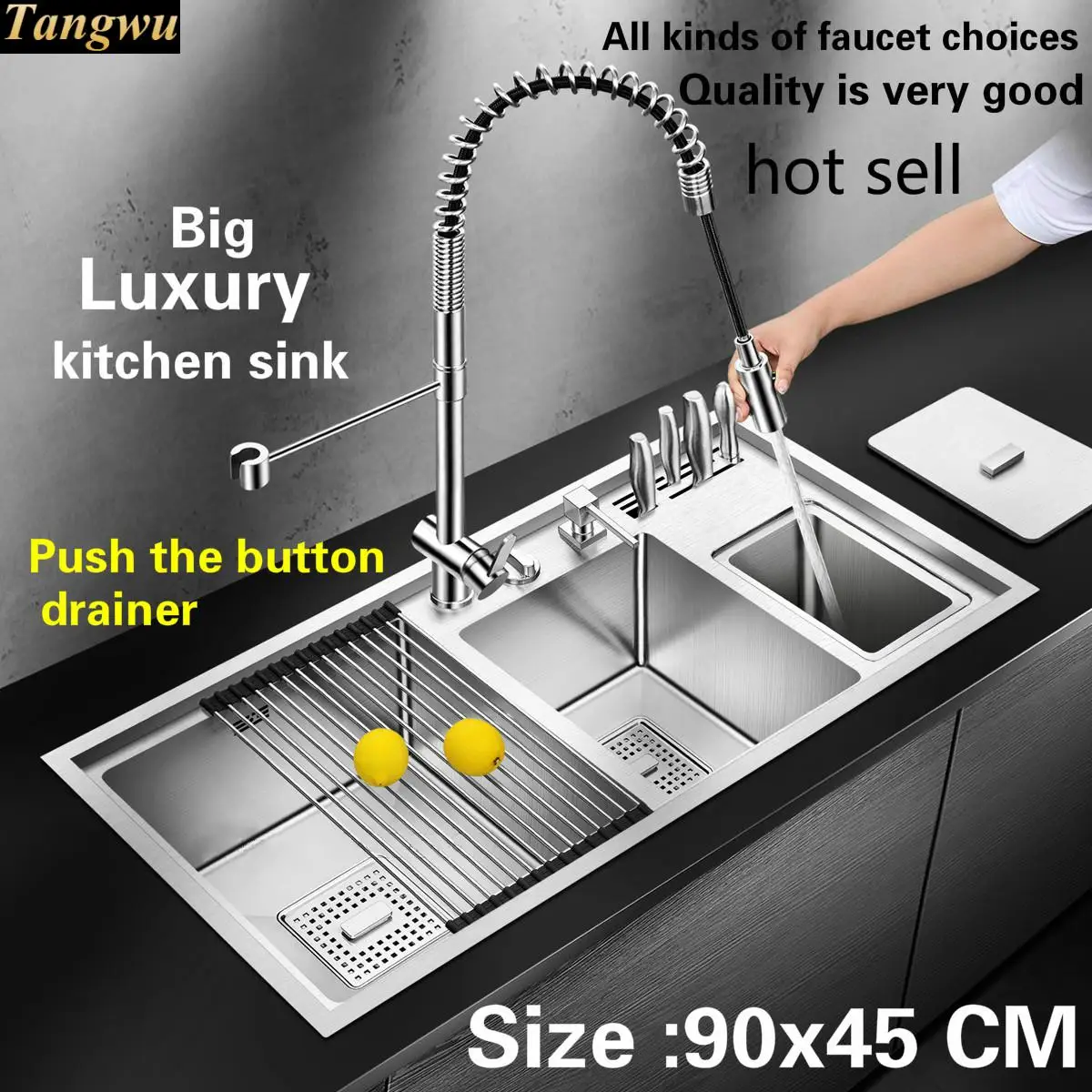 Us 587 0 50 Off Free Shipping Standard Luxury Push The Button Drainer Big Kitchen Manual Sink Double Groove Stainless Steel Hot Sell 90x45 Cm In