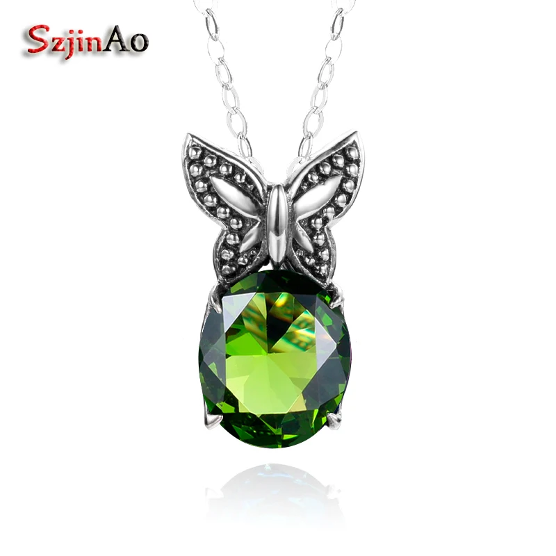 

Szjinao Luxury Women Statement Pendants Butterfly Design Peridot Necklace & Pendants Vintage Punk 925 Sterling Silver Jewelry