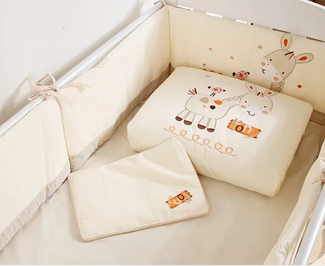 Promotion! 7PCS embroidered Newborn Cot Bedding kit of bedding/baby bedding set/children,(2bumper+duvet+sheet+pillow)