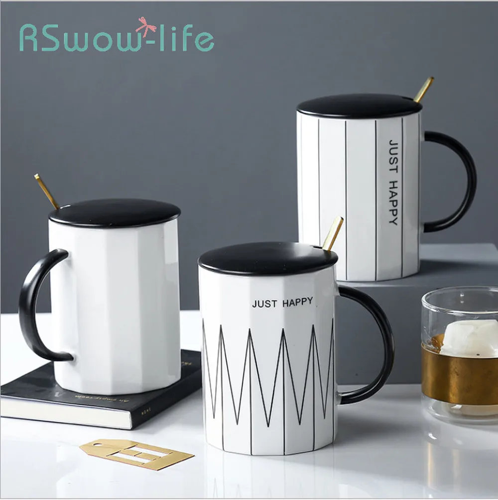Modern Minimalist Ceramic Mug Coffee Cup Breakfast Home Daily Creative With Lid Spoon For Drinkware | Дом и сад