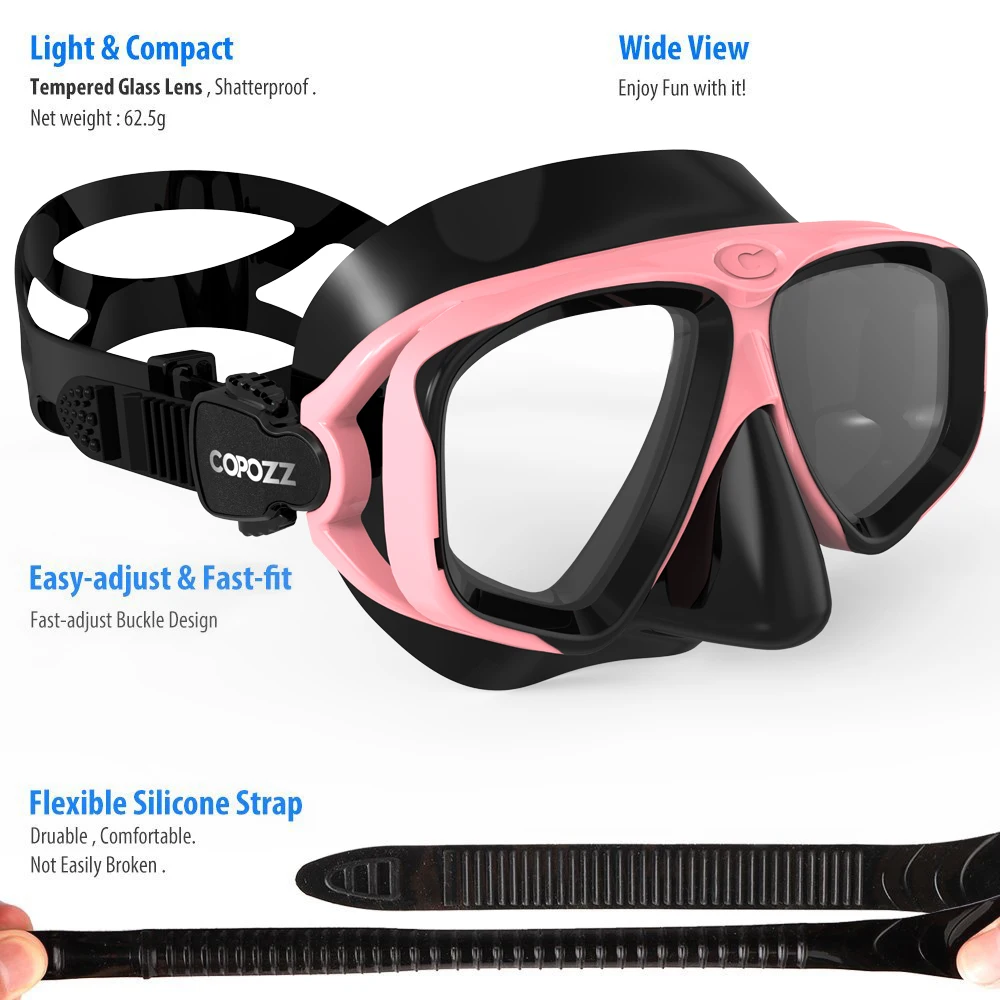 Cheap COPOZZ 2019 Scuba Diving Mask Set Anti Fog Goggles with Snorkel Glasses Tube Adjustable Strap for Women Men Adult Swimming Mask