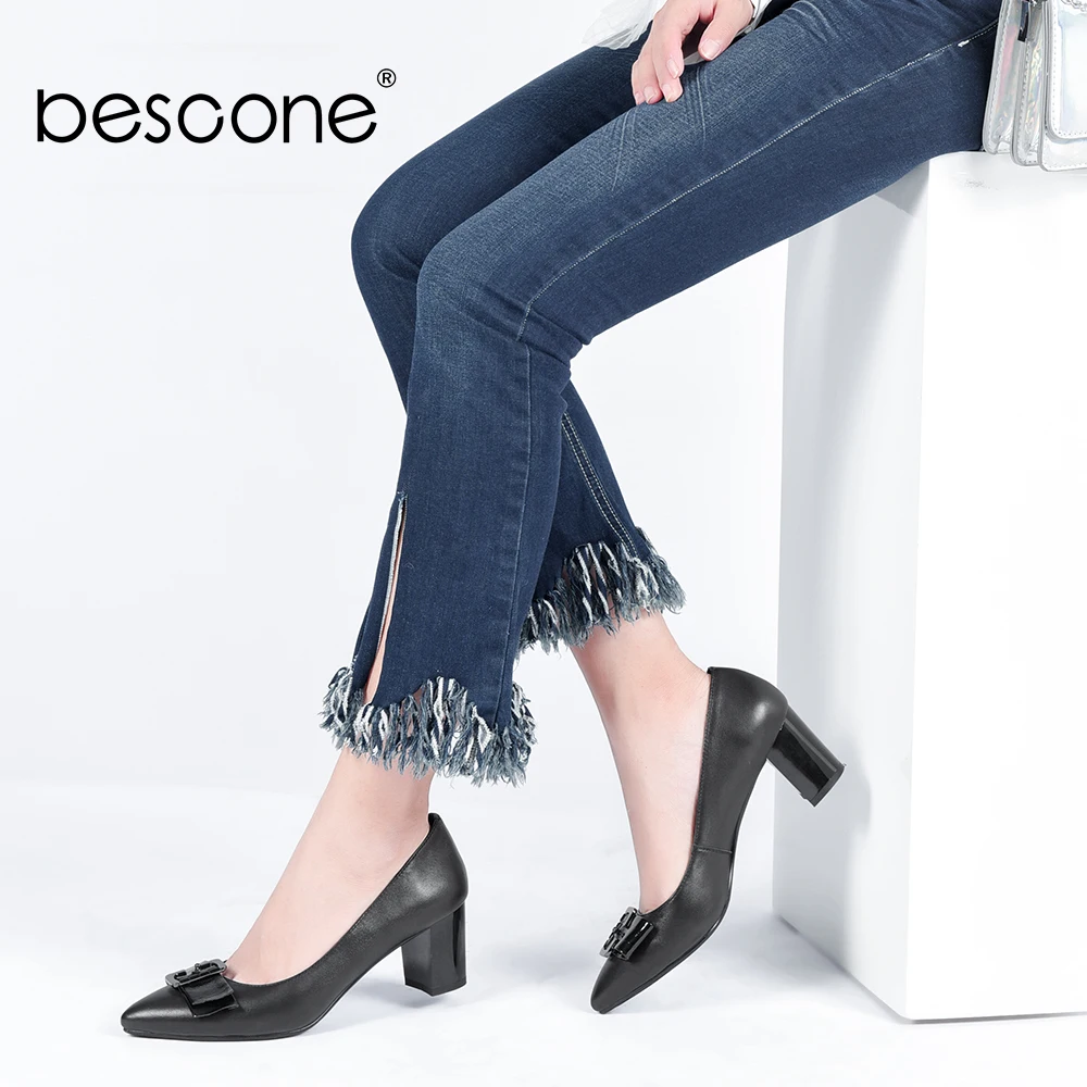 

BESCONE Elegant Black Women Work Shoes Spring Square Heels Genuine Leather Pumps Pointed Toe Metal Decoration slip-on Pumps A33