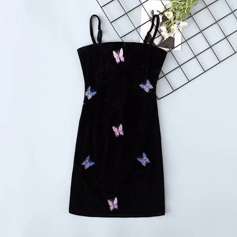 Женское винтажное бархатное Черное мини-платье с открытыми плечами и бабочкой сексуальное платье с открытой спиной платье на тонких бретелях