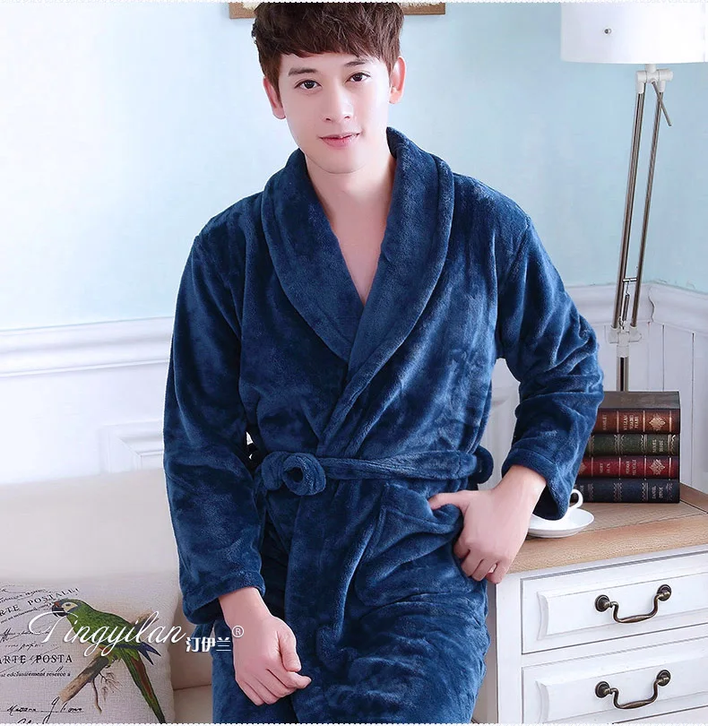 Pajamas Men's Thickened Flannel Male Winter Long Sleeved Bathing Nightgowns Women's Coral Fleece Adult Warm Homewear D-2097