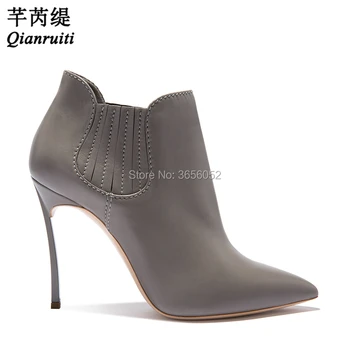 

Qianruiti Plus Size 43 Black Gray Leather Botas Ladies High Heels Autumn Winter Shoes Pointed Toe Slip On Ankle Boots For Women