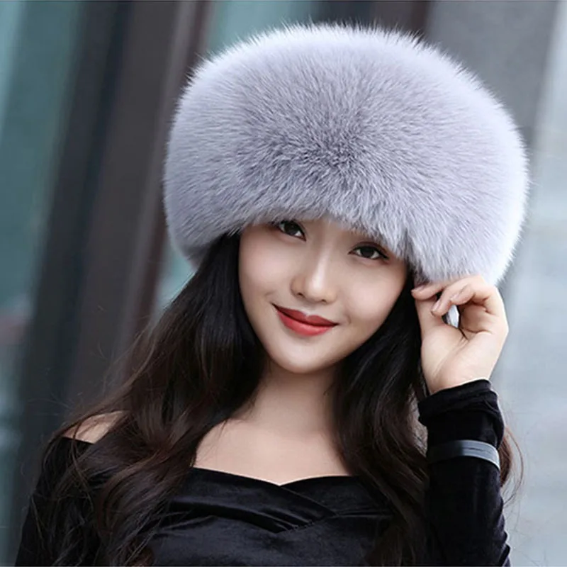 Новинка, роскошная женская шапка из лисьего меха, зимняя теплая Модная шапка из натурального Лисьего меха - Цвет: Серый