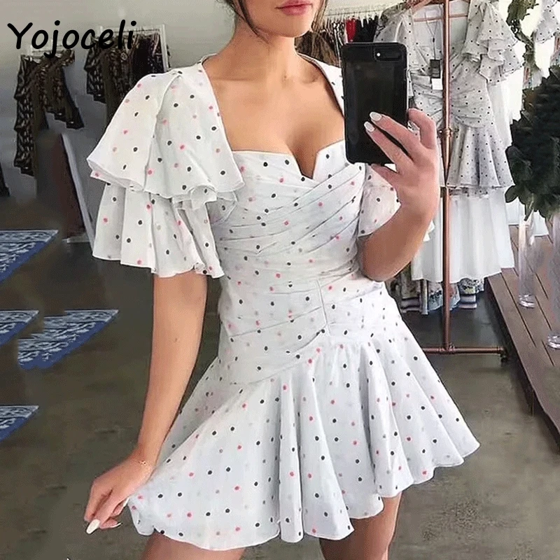 Yojoceli 2019 летнее праздничное платье в горошек Сексуальное мини с рюшами вечерние