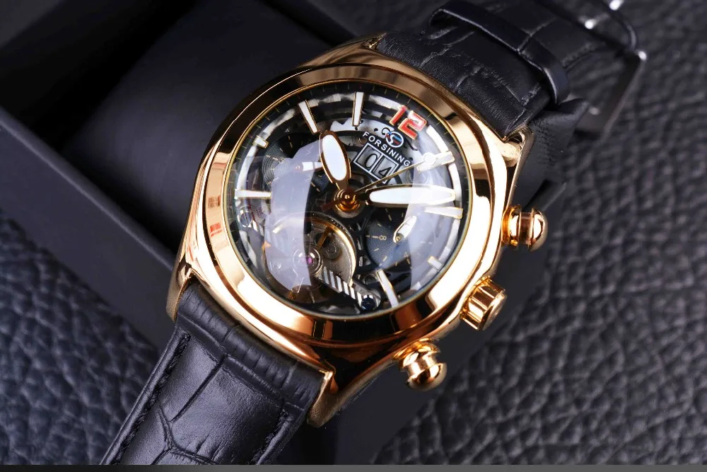 Forsining выпуклая стеклянная стильная Tourbillion 3D дизайнерская Натуральная кожа ремешок мужские часы лучший бренд класса люкс автоматические часы