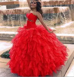 Бальное платье Quinceanera Платья Для Девочек Красный Милая Бисером Длинные Длина Пола Пром Платье Платье Vestidos De 15 Anos свадебные платья