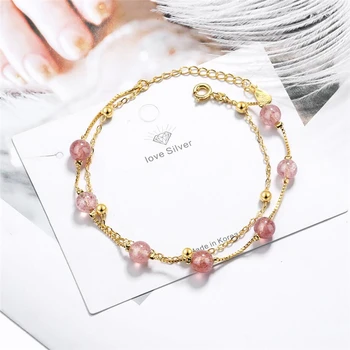 

Sole Memory Pink Strawberry Crystal Double Layer Sweet Lovely Fresh 925 Sterling Silver Female Resizable Bracelets SBR181