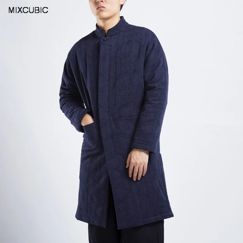 

MIXCUBIC 2017 winter warm long section linen Padded coat for me casual slim Stand collar Jacquard linen overcoat men,size M-4XL