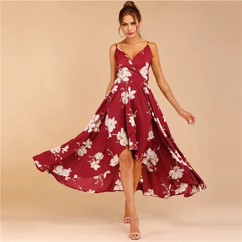 COLROVIE бургундское платье с цветочным принтом и тюльпаном на подоле, женское летнее платье, бохо, без рукавов, Гламурное, с высокой талией, женское платье - Цвет: Burgundy