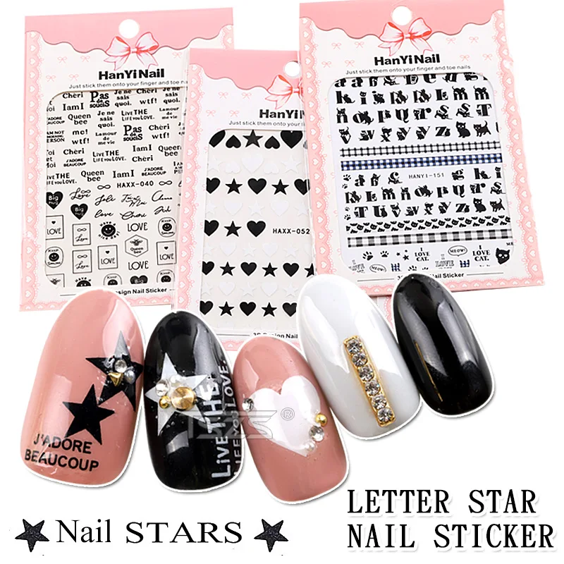 

1sheet/lot Hanyi star letter heart Nails Art Manicure Back Glue Decal Decorations Design DIY Nail Sticker For Nails Tips Beauty