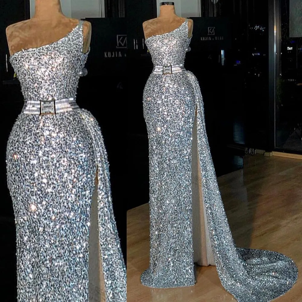 

New Listing Silver Sequin Long Evening Dress 2019 Straight One Shoulder Floor Length Evening Dresses Formal Party Gowns