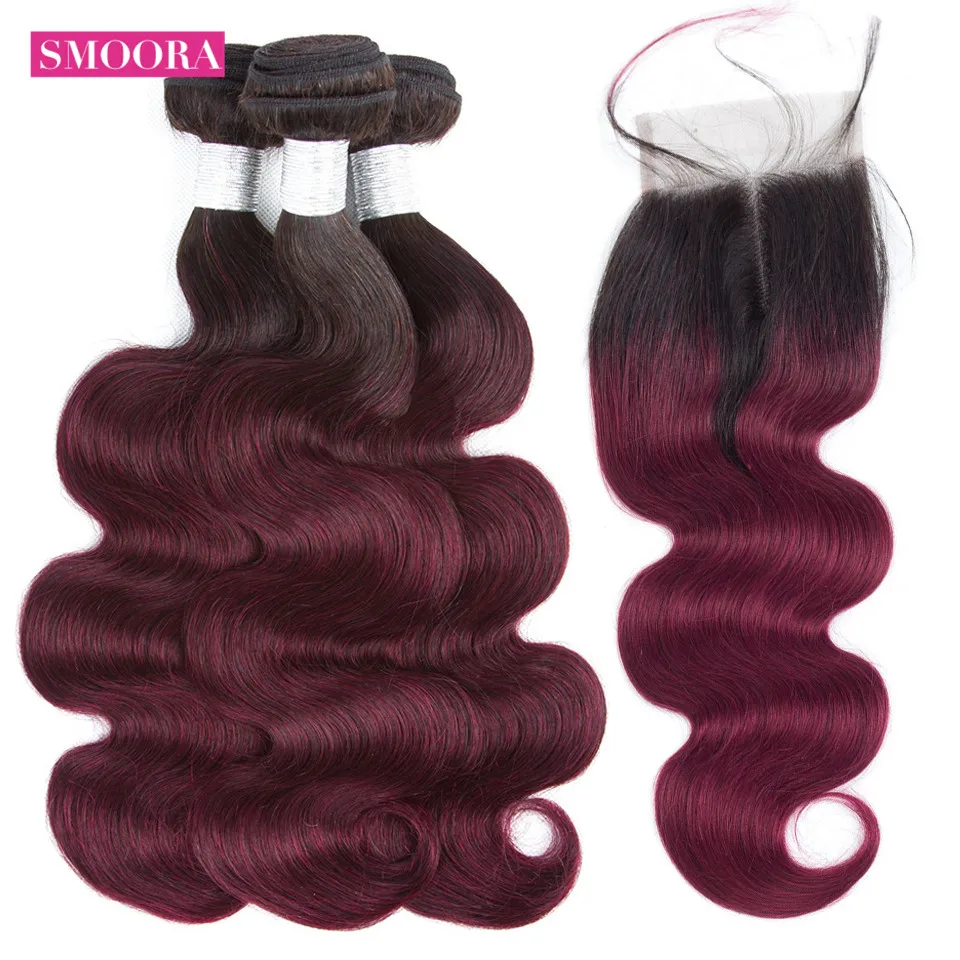 body wave 1b 99j ombre hair 3 bundle with closure middle part