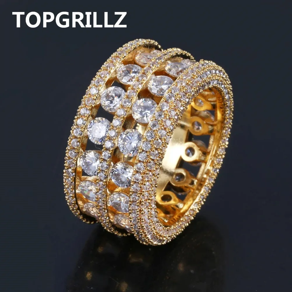 TOPGRILLZ кольцо в стиле хип-хоп, латунное золото, серебро, цвет Iced Out Micro Pave CZ, 2 ряда, большая ширина, кольца, Шарм для мужчин и женщин, подарки, ювелирные изделия